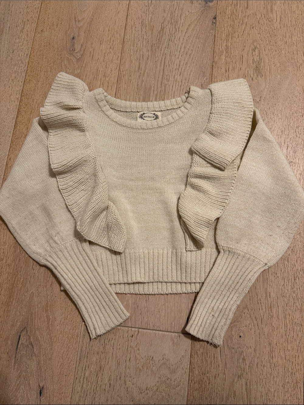 Joyfolie Cream Ruffle-Trim Knit Crewneck Sweater size 8